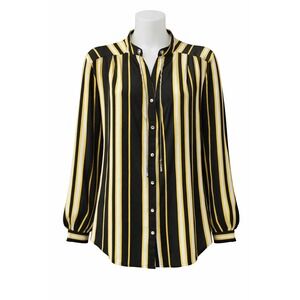NY Collection Womens Striped Long Sleeve Blouse Black Yellow Chain Accent size L